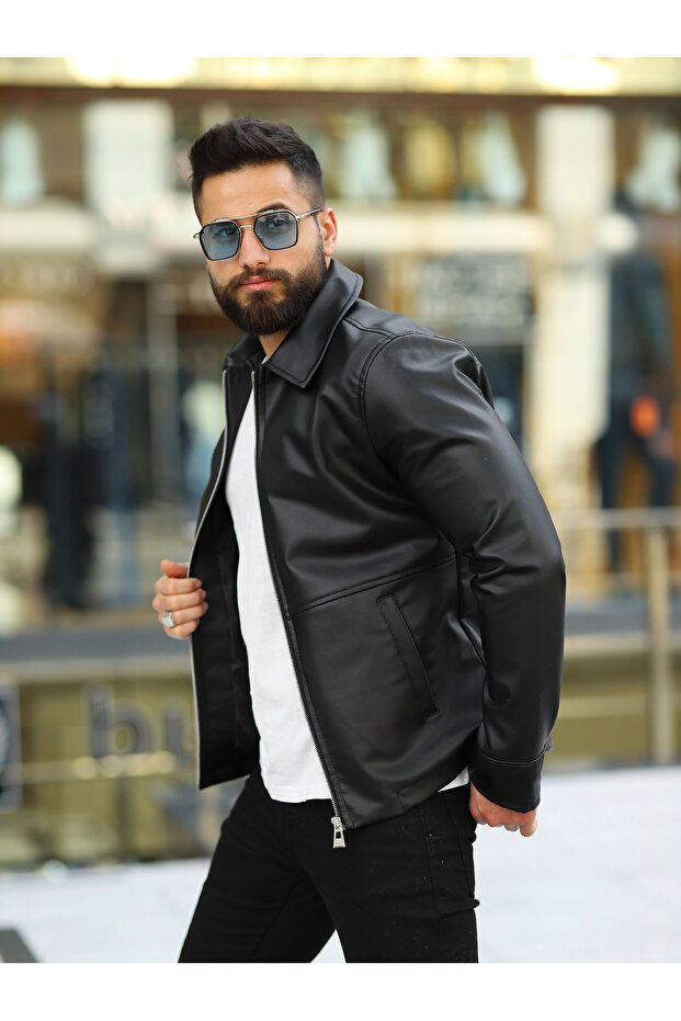 MEN'S ZIPPERED SLIM FIT LEATHER JACKET