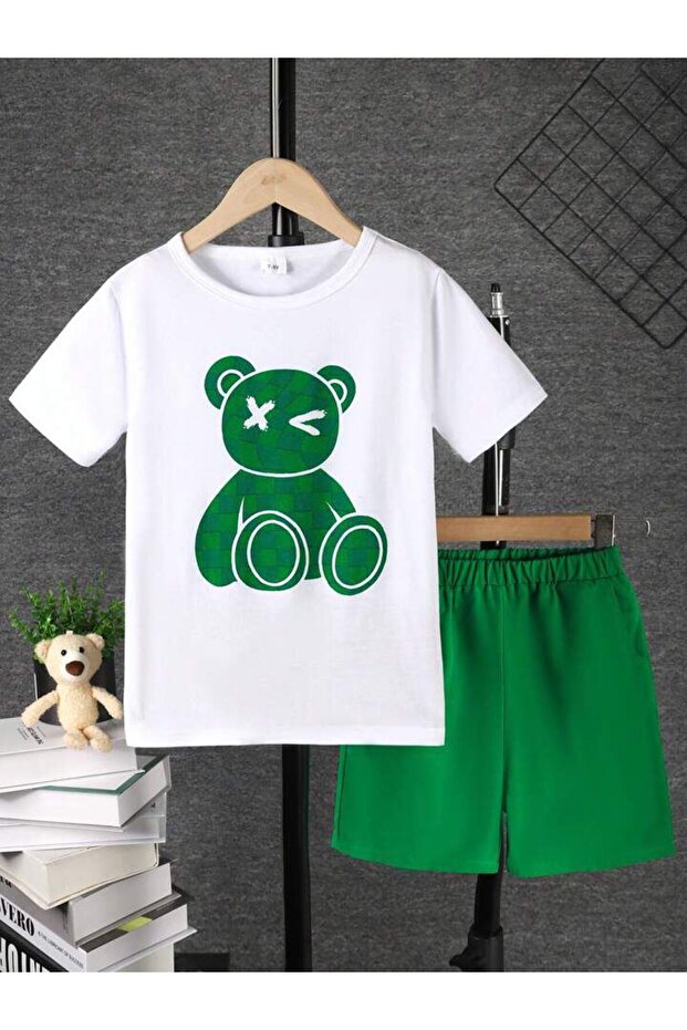 Kids Teddy Bear Printed Top and Bottom Set Cotton Shorts T-Shirt Set