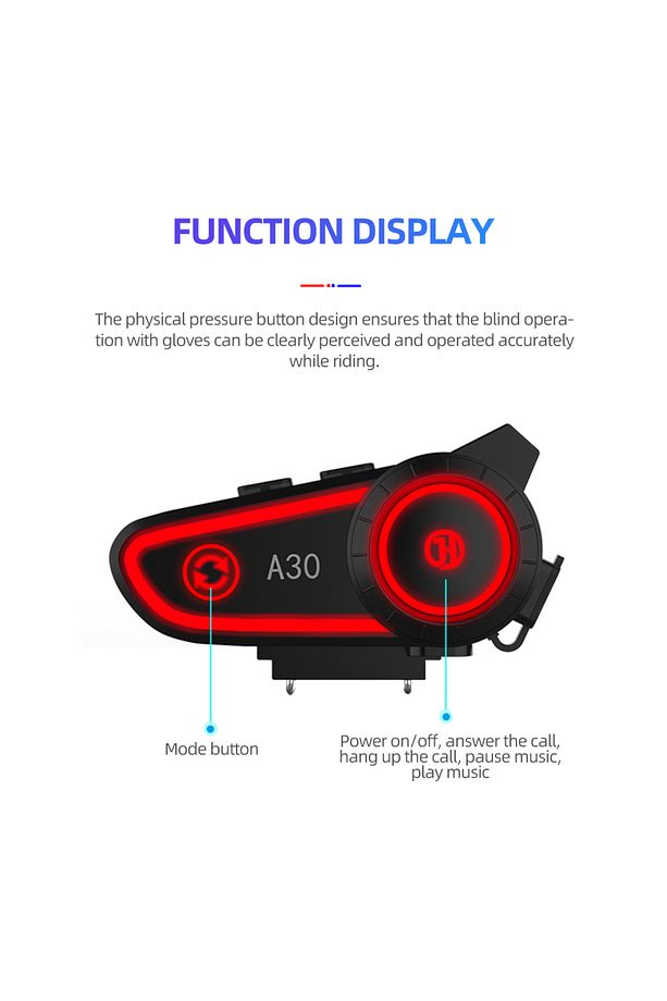 A30 Bluetooth Kask Kulaklık Intercom, 2800mAh Pil , Bluetooth 5.2, Su Geçirmez,3 Led Fonskiyonlu - 1