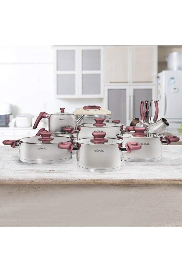 GÜRAL PORCELAIN 18 PIECES Steel Cookware Set - ROSE