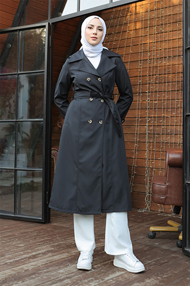 1251 Button Detailed Trench Coat Black