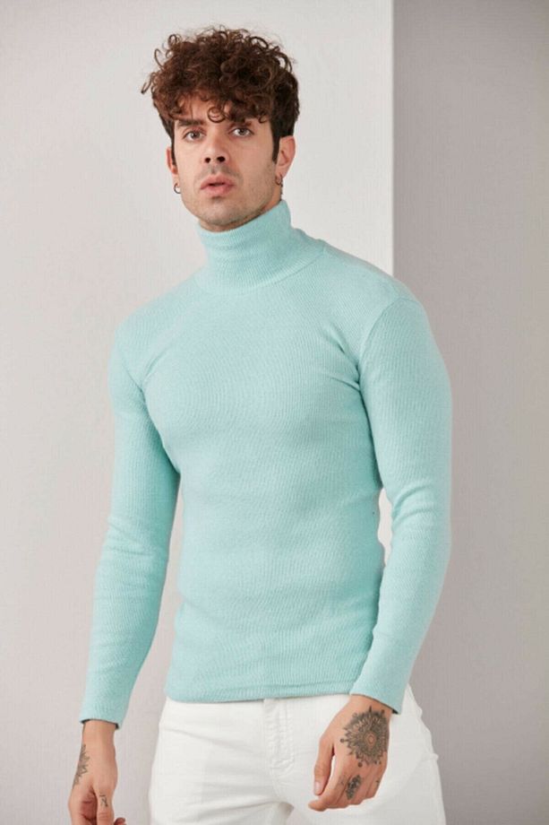 Erkek Bebe Mavisi Boğazlı Triko Lycra Kazak - 1
