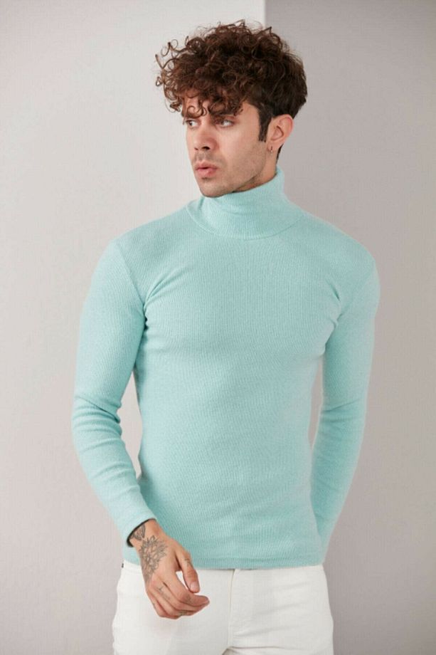 Erkek Bebe Mavisi Boğazlı Triko Lycra Kazak - 4