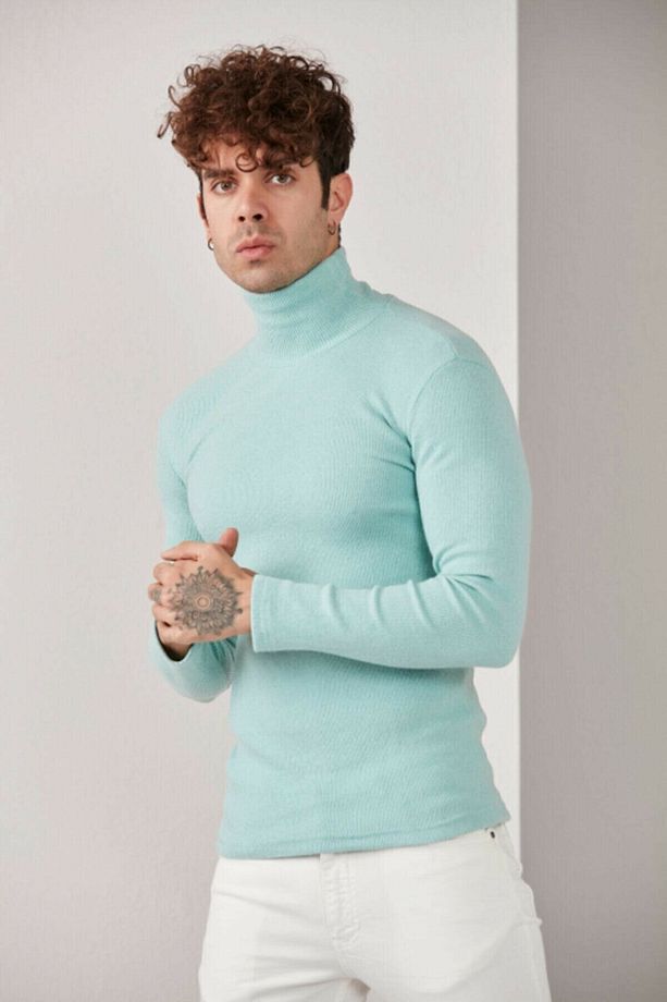 Erkek Bebe Mavisi Boğazlı Triko Lycra Kazak - 2
