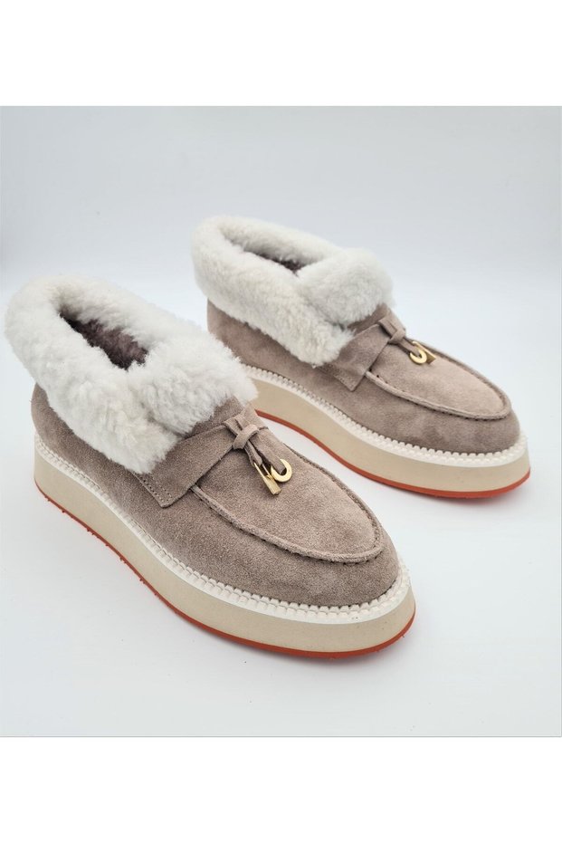 Genuine Leather Beige Buckle Fur Lining Cold Proof Lightweight Anti-Slip Eva Sole Daily Short Women's Boots