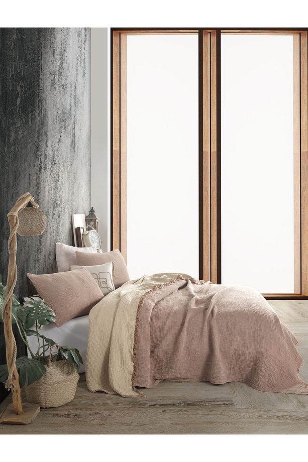 Kahve Tek Kişilik 180x240cm Yatak Örtüsü/1 Adet 50x70cm Yastık 4 Katlı Multi Muslin %100 Pamuk - 5
