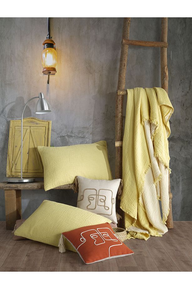Sarı Tek Kişilik 160 X 240cm Yatak Örtüsü/1 Adet 50x70cm Yastık 4 Katlı Multi Muslin %100 Pamuk - 7