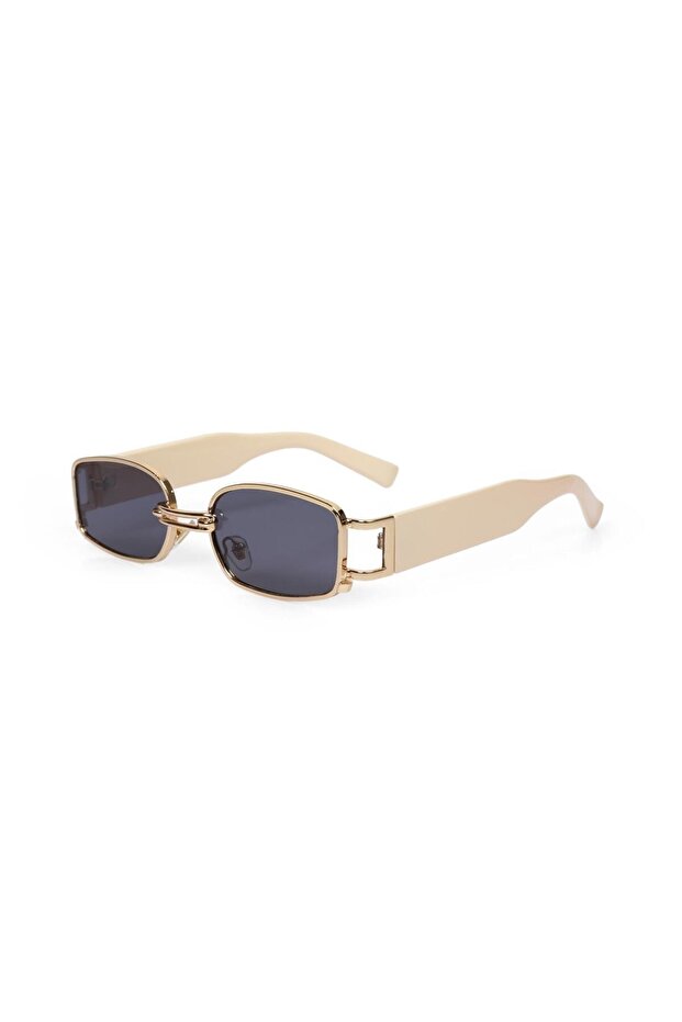 Women's Sunglasses Rectangular Gold Cream Frame Black Glass