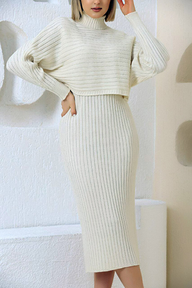 Thick Strap U Neck Sleeveless Ribbed Long Dress Neck Bat Sleeve Short Sweater Stretchy Double Knitwear Set
