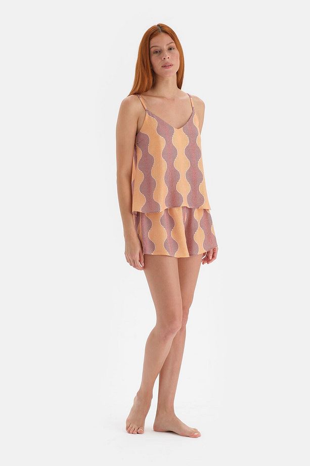 Sarı Simli Saten Atlet Pijama Üstü - 3