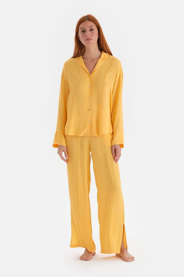 Sarı Uzun Paça Nervürlü Saten Pijama Altı - 5