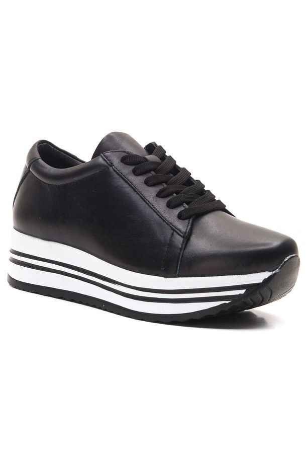 Siyah Hakiki Deri Kadın Sneaker Yüksek Taban Sneaker Ayakkabı Kadın Sneaker Platform Spor Ayakkabı - 4