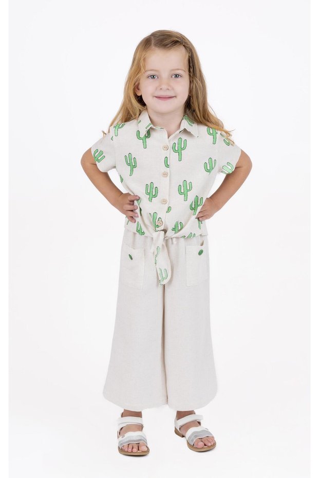 Girl's Beige-green Linen Blended Trousers