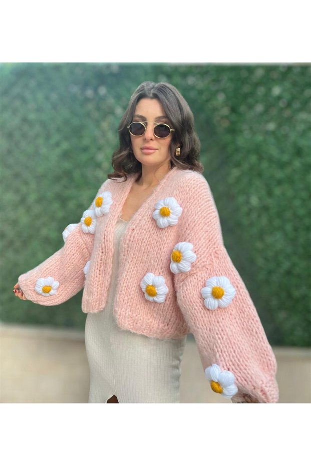 Powder Pink Floral Motif Cardigan,