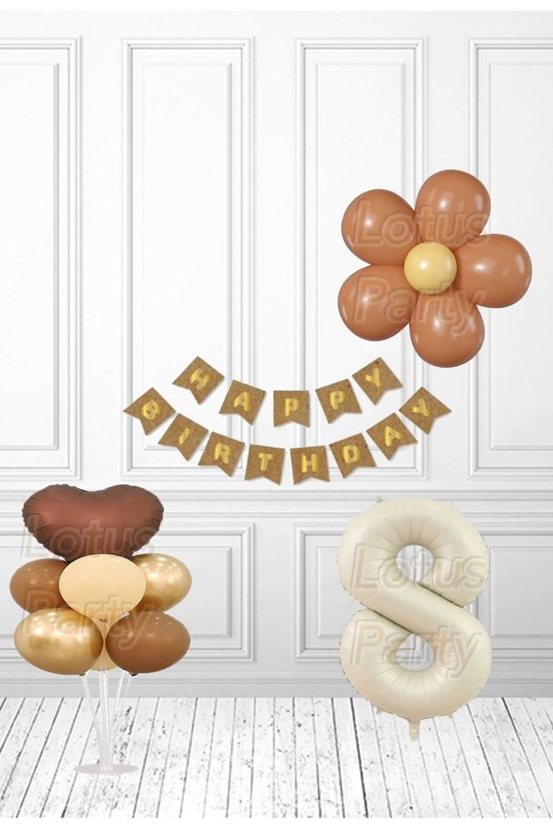 8 Years Old Retro Daisy Birthday Set - Brown Heart - 7-Piece Balloon Stand - Cream Figure Foil Balloon