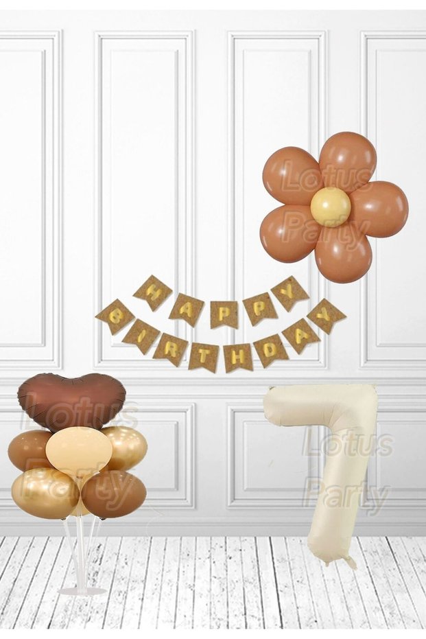 7 Years Old Retro Daisy Birthday Set - Brown Heart - 7-Piece Balloon Stand - Cream Figure Foil Balloon