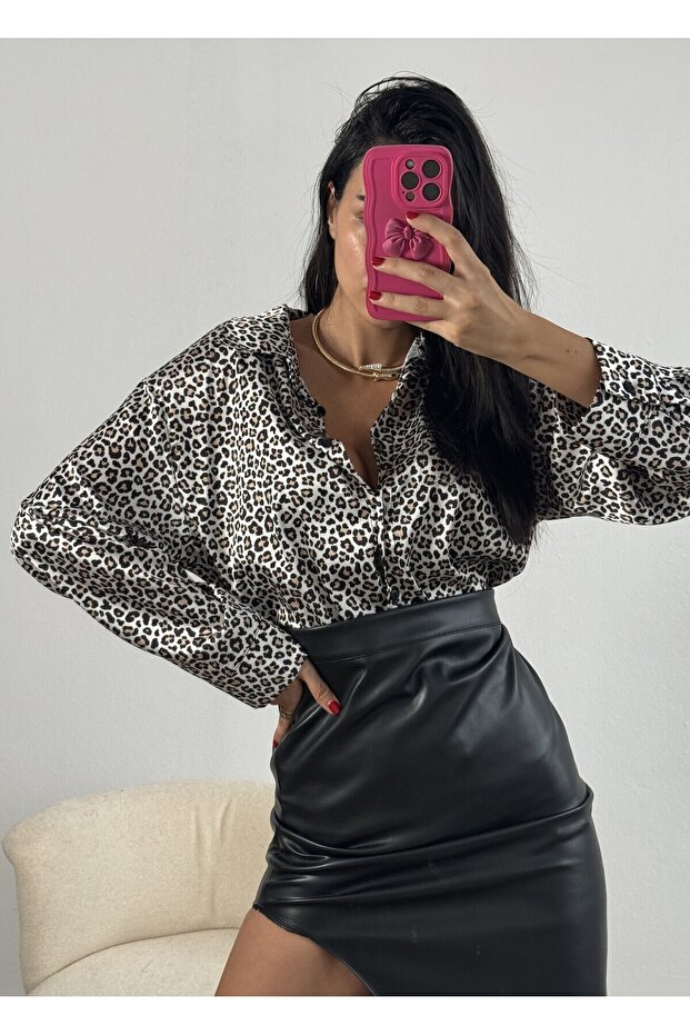 قميص من الساتان بنمط الفهد مقاس كبير 25218 - 2