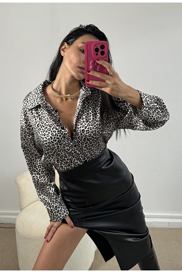 قميص من الساتان بنمط الفهد مقاس كبير 25218 - 6