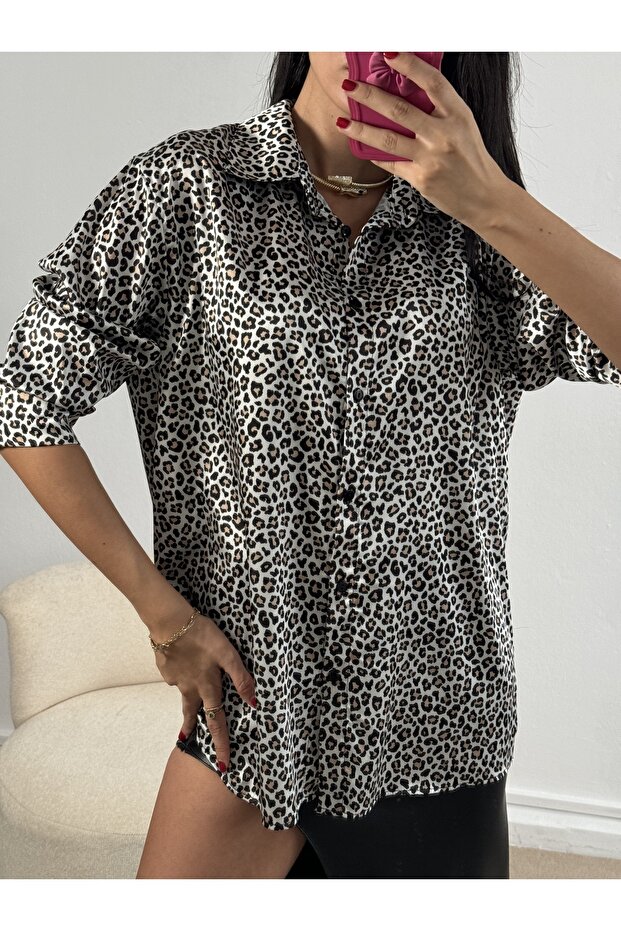 قميص من الساتان بنمط الفهد مقاس كبير 25218 - 4