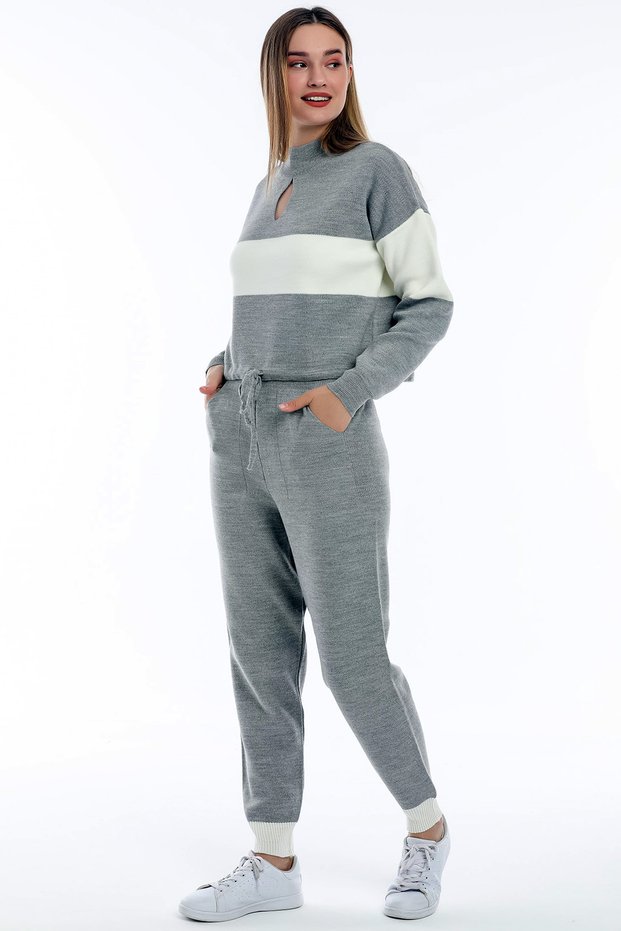 Stand Collar Long Sleeve Waist Gathered Blocked Low-cut Short Sweater Waist Leg Elastic Trousers Knitwear Set