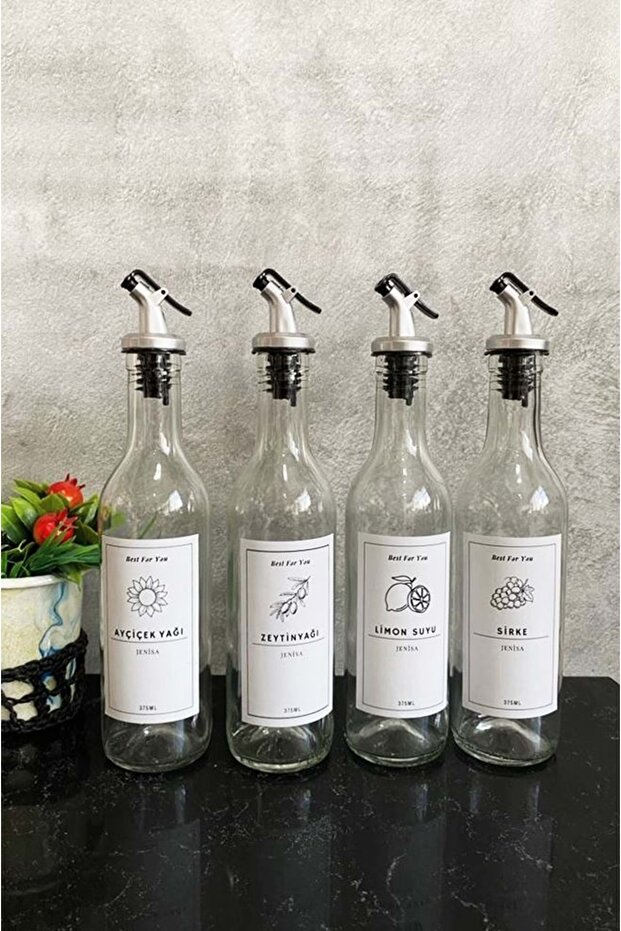 4-Piece Glass Oil Bowl Vinegar Lemon Bowl with White Label and Non-Drip Head 375 Ml