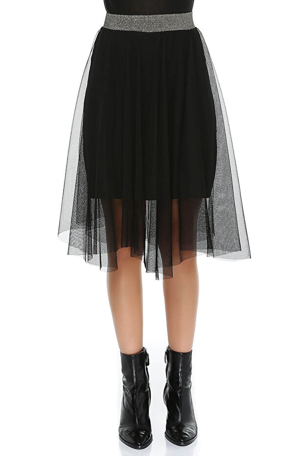 Women's Black Gold Belted Elastic Tulle Skirt Ek2349