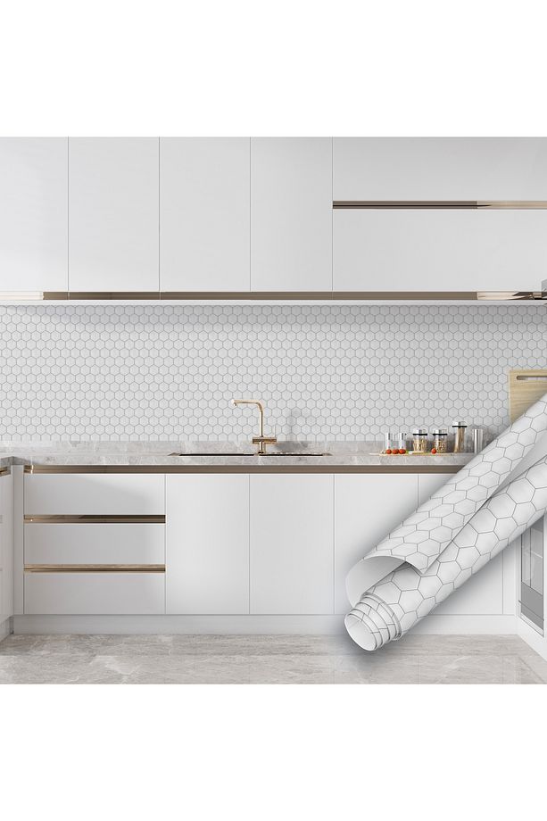 Beyaz Altıgen Desenli Yapışkanlı Folyo, Fayans Görünümlü Mutfa, Banyo Mobilya Kaplama 45x500cm 0345 - 8