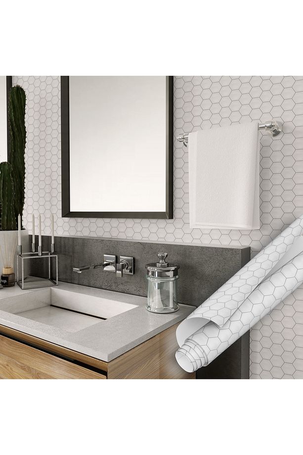 Beyaz Altıgen Desenli Yapışkanlı Folyo, Fayans Görünümlü Mutfa, Banyo Mobilya Kaplama 45x500cm 0345 - 5