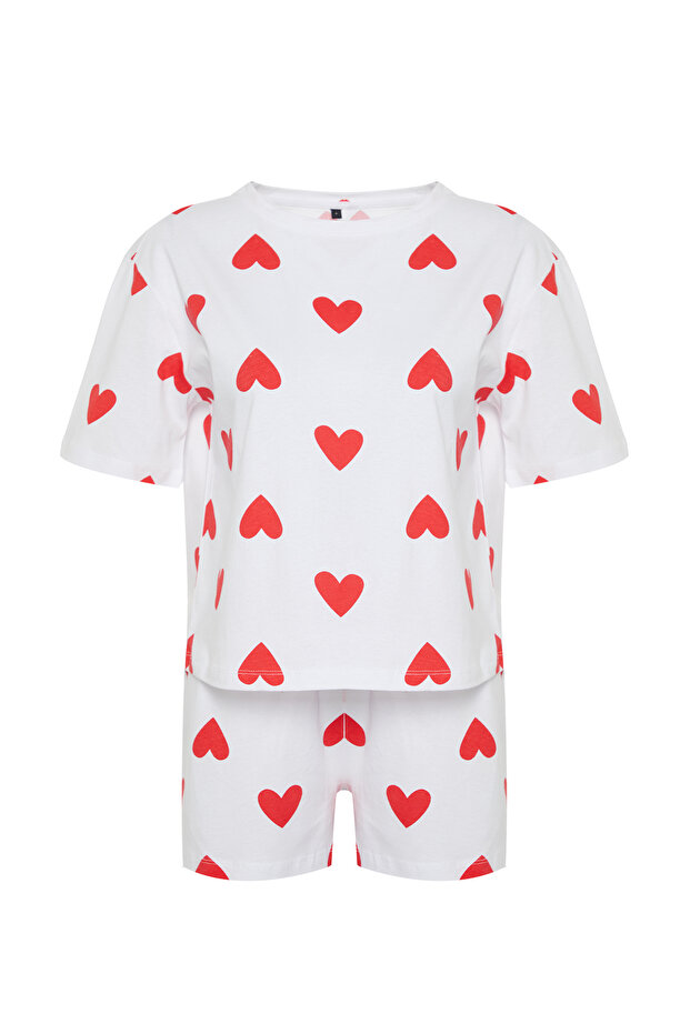 Beyaz %100 Pamuklu Kalpli Şortlu Örme Pijama Takımı THMSS24PT00029 - 8