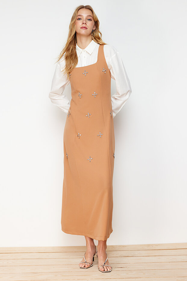 Camel Taş İşleme Detaylı Kare Yaka Dokuma Jile Elbise TCTSS23EB00157 - 2