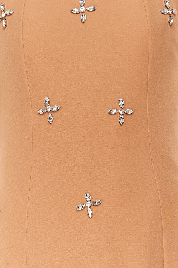 Camel Taş İşleme Detaylı Kare Yaka Dokuma Jile Elbise TCTSS23EB00157 - 6