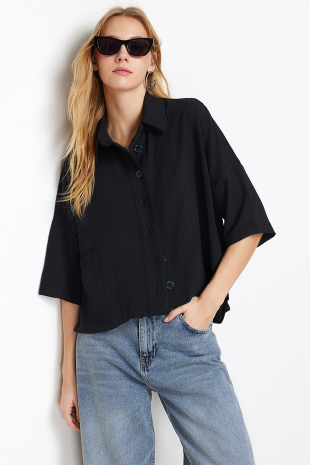 Siyah Oversize Geniş Kalıp Fakir Kol Dokuma Gömlek TWOSS20GO0381 - 2