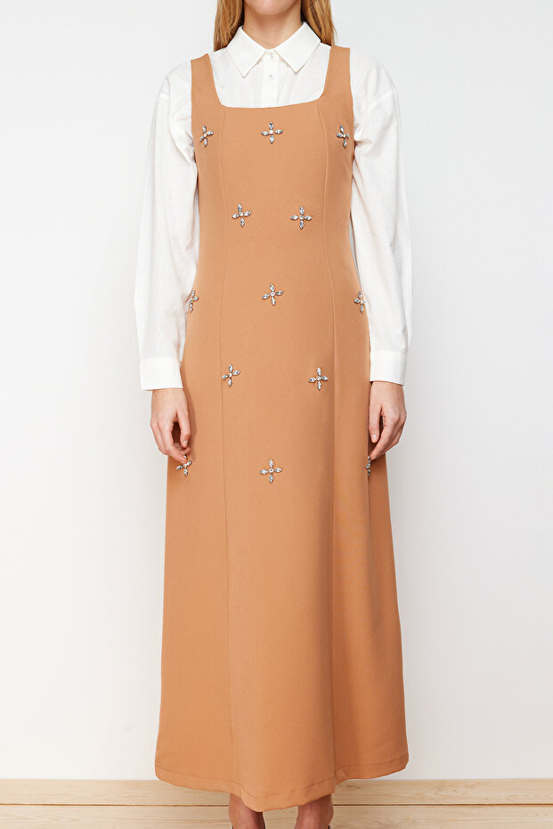 Camel Taş İşleme Detaylı Kare Yaka Dokuma Jile Elbise TCTSS23EB00157 - 5