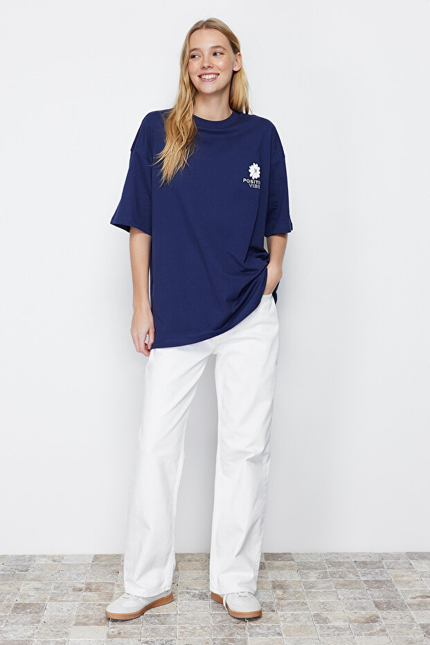 Lacivert %100 Pamuk Sırt Baskılı Oversize/Geniş Kalıp Bisiklet Yaka Örme T-Shirt TWOSS23TS00321 - 6