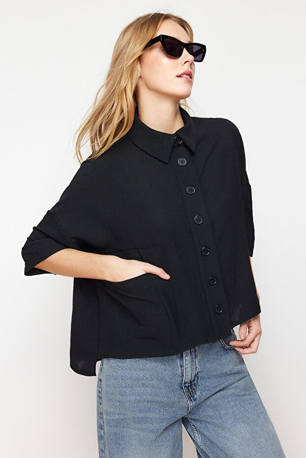 Siyah Oversize Geniş Kalıp Fakir Kol Dokuma Gömlek TWOSS20GO0381 - 5