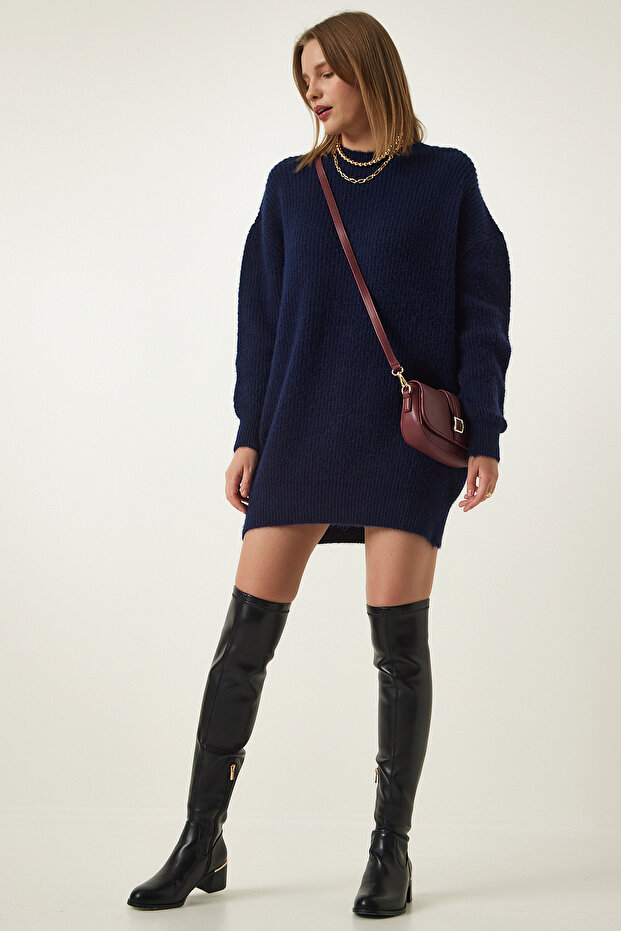 Navy Blue Oversize Long Basic Knitwear Sweater BV00099