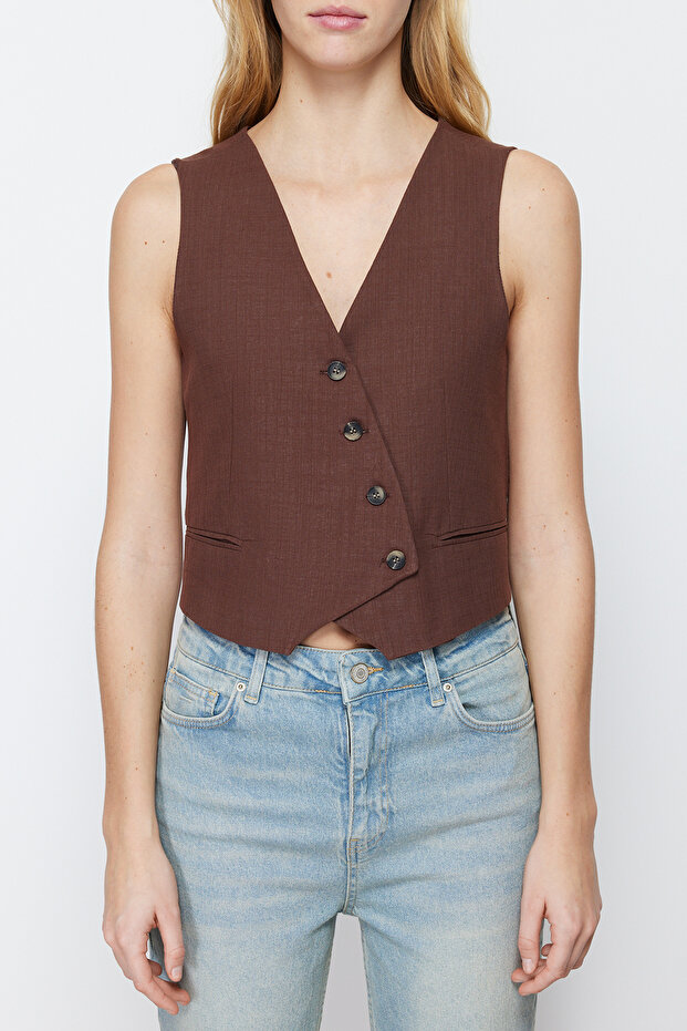 Kahverengi Crop Fitted Dokuma Keten Görünümlü Yelek TWOSS23YE00016 - 5