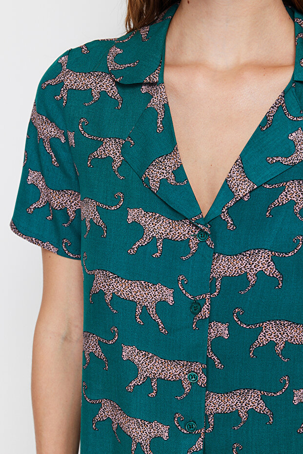 Zümrüt Yeşili Desenli Viskon Şortlu Dokuma Pijama Takımı THMSS21PT0473 - 4