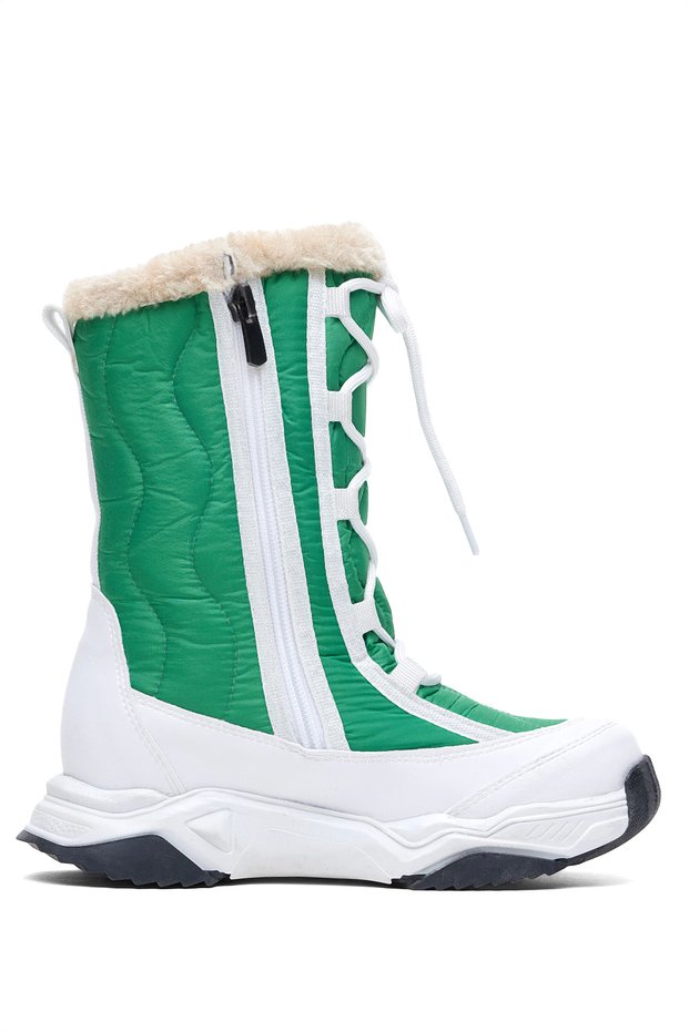 Children's Unisex White Green Comfortable Fit Sports Sole Lacing Detailed Snow Boots