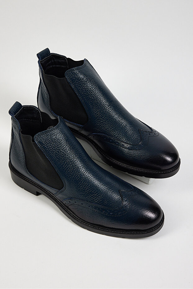 Férfi sötétkék, kényelmes szabású, részletes, valódi bőr férfi csizma - 2