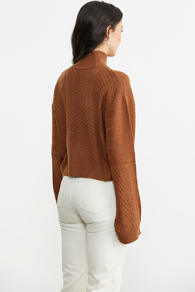 Dik Yaka Kısa Triko Kazak - Taba - 4