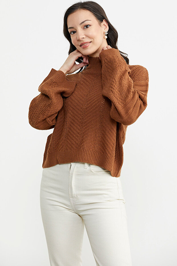 Dik Yaka Kısa Triko Kazak - Taba - 3