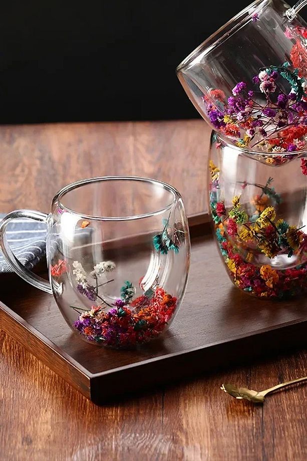 Çift Cidarlı Bardak Isıya Dayanıklı Borosilikat Flower Cup Çiçekli Bardak Kahve Bardağı - 6