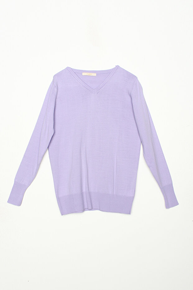 Helllila Strickpullover mit V-Ausschnitt - 5