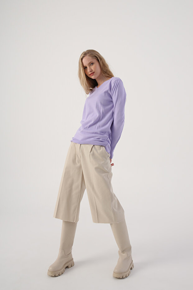 Helllila Strickpullover mit V-Ausschnitt - 1