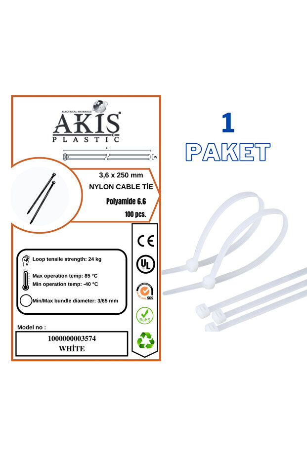 3.6 X 250 mm Hook & Loop Clamp - 100 Pcs Plastic Cable Tie