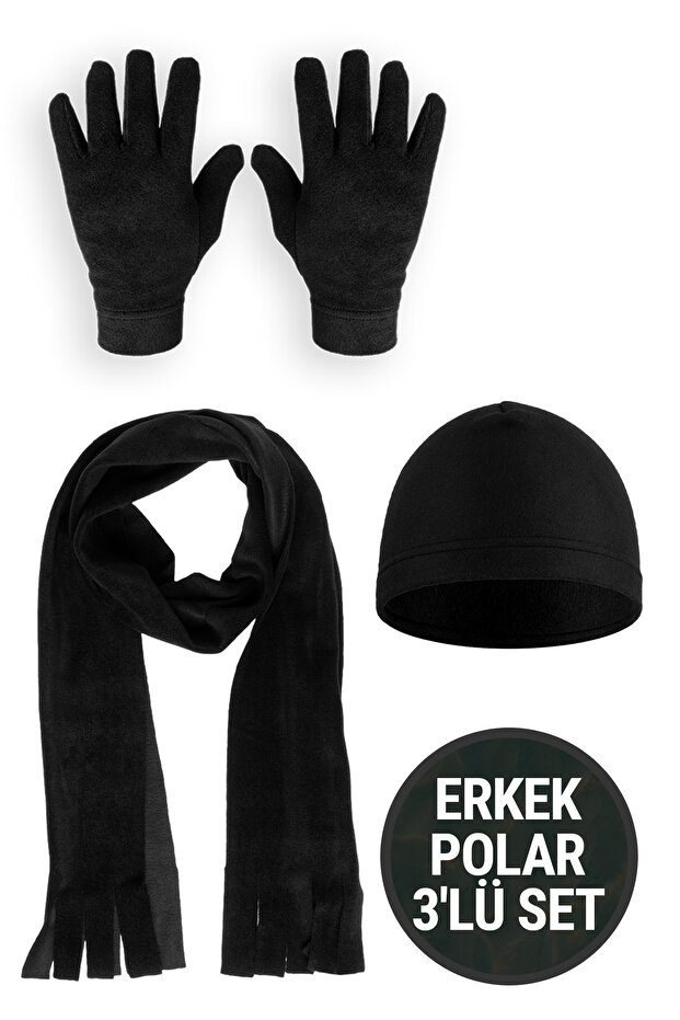 Men's Black Winter Thermal Fleece Gloves - Fleece String Beanie - Fleece Scarf Set