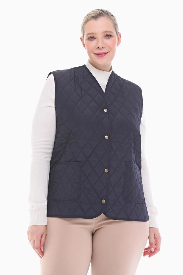 Women's Large Size Plaid Navy Blue Quilted Vest 1037
