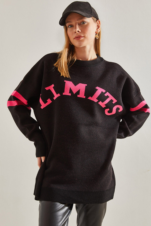 Women's Black Oversize Printed Knitwear Sweater Stk318