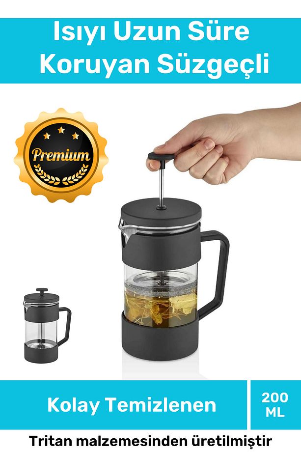 Özel Üretim Isıyı Uzun Süre Koruyan Süzgeçli Bitki Çayı Demliği Filtre Kahve French Press 200 ml - 1